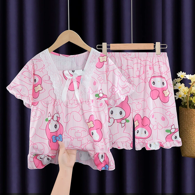 Children's summer cartoon thin pijama, set girl's, with short sleeve, for teenagers