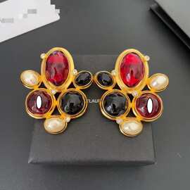 秋冬中古气质耳夹法式复古感绿色水晶花朵耳环设计耳饰潮欧美耳环
