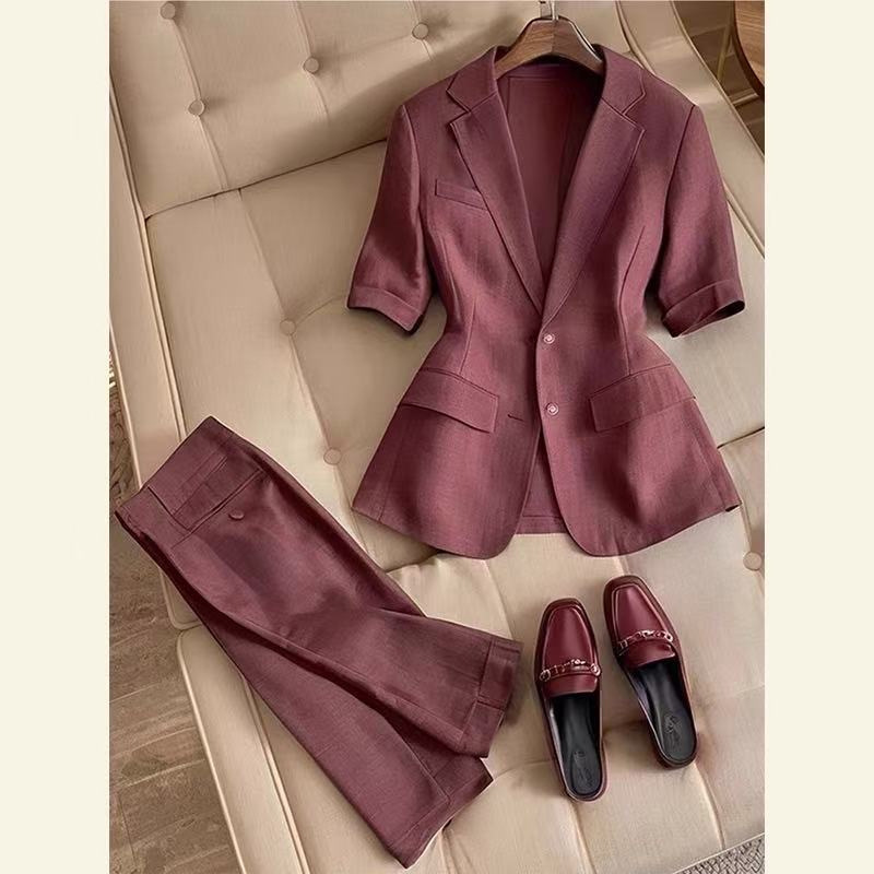 2025 super hot summer wear a set of new explosions high-end sense of temperament high-end red brown linen suit suit pants