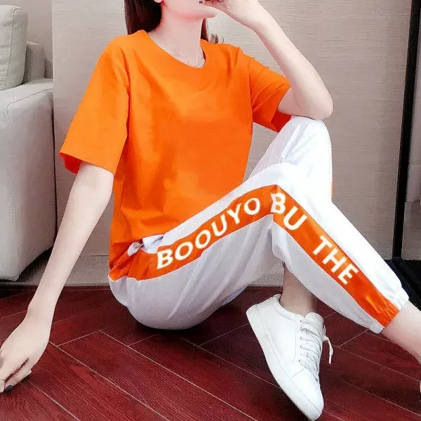 Одиночная часть/комплект спортивный повседневный женский летний модный новый прилив бренда свободные тонкие корейские брюки с короткими рукавами набор из двух частей