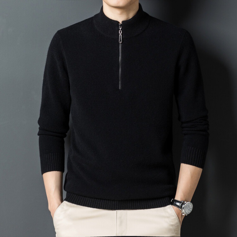Woolen solid color keep warm soft knitted sweater with zipper