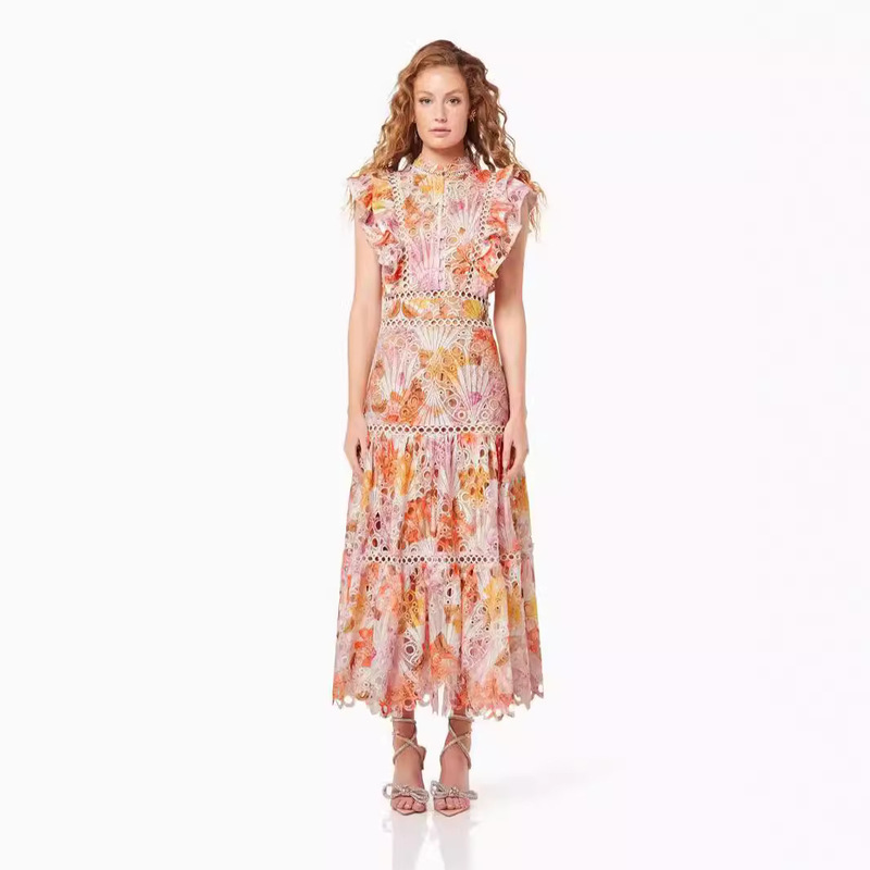 Ruffled Lace dress 2024 Summer and Autumn New European and American Flying Sleeve Printed Embroidery Hollow Slim-Fit Slimming Long Dress Ruffled Lace dress 2024 Summer and Autumn New European and American Flying Sleeve Printed Embroidery Hollow Slim-Fit Slimming Long Dress