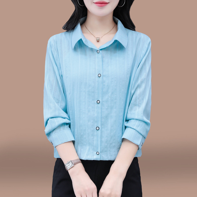 女士早秋纯棉长袖衬衫2025春秋新款宽松大码中年妈妈全棉休闲上衣|undefined