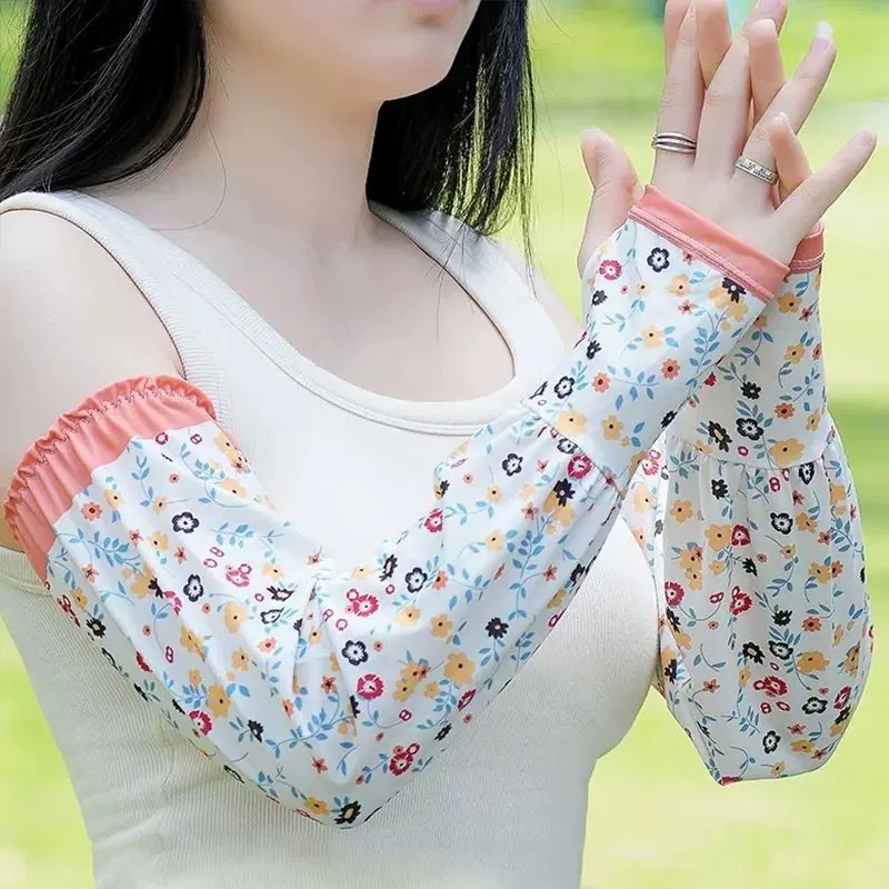 夏季薄款冰丝防晒时尚印花图案冰丝袖套防晒开车骑车冰感护臂冰袖