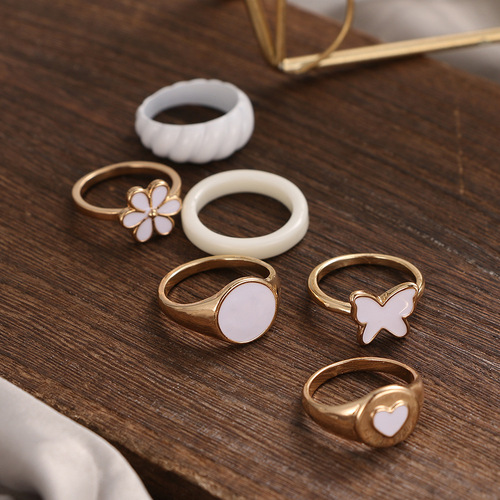 Best-selling cross-border drip oil smiling ring set of 6 for women, European and American retro heart high-grade butterfly joint accessories wholesale