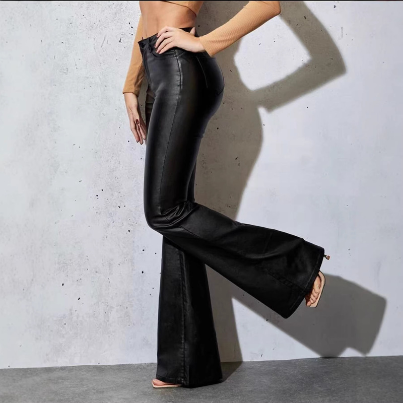 2024 New High-Waisted Pu Leather Pants for Women, Flared Pants, Slim Fit, European and American Style Casual Long Pants, Cross-Border Wholesale 2024 New High-Waisted Pu Leather Pants for Women, Flared Pants, Slim Fit, European and American Style Casual Long Pants, Cross-Border Wholesale