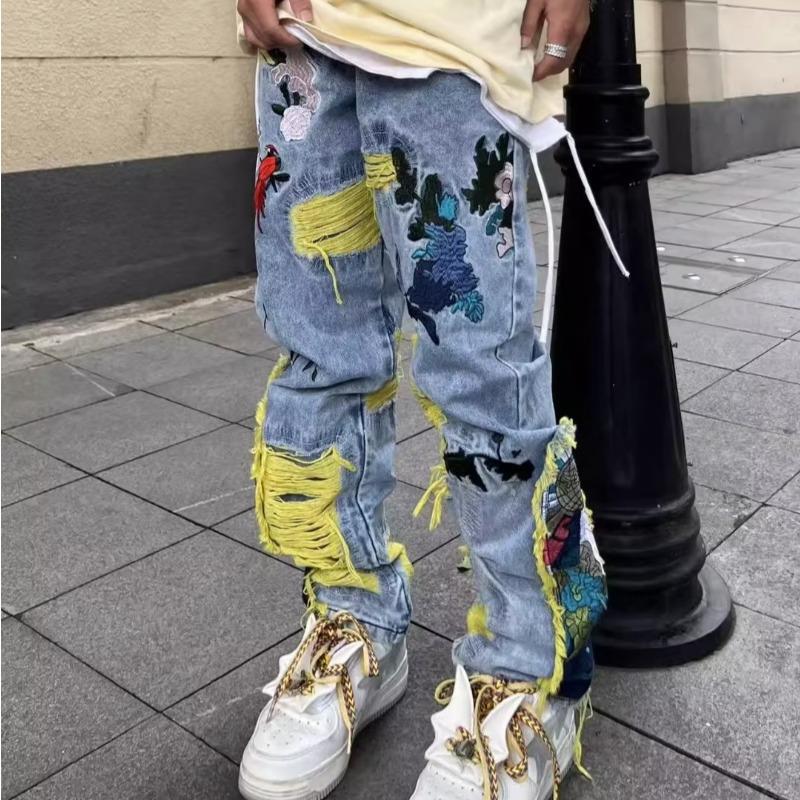 Heavy Embroidered Ripped Jeans American Hong Kong Style Street Fashion for Men And Women mid Waist Straight Pants Blue Long Brushed_voghion.com