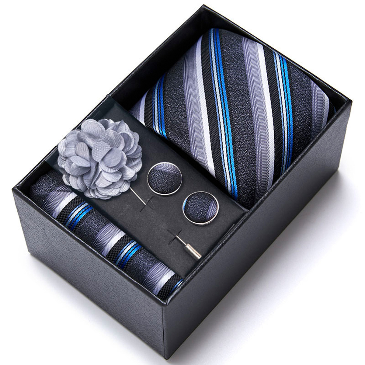 男性の新しい青いストライプのプリントネクタイのスカーフのカフスの胸の花のギフトボックスの包装の贈り物の佳品は祝日に適します。