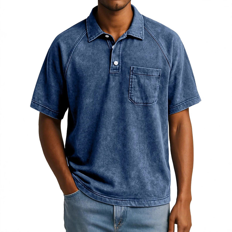 European and American Cross-Border Men's Spring and Summer New Men's Distressed Pocket Casual Versatile Short-Sleeved Button Lapel Lining Polo Shirt