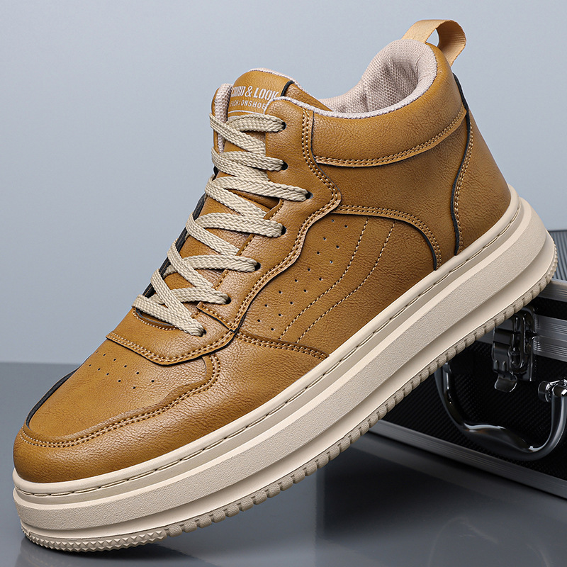 Cross-Border High-Top Leather Shoes for Men, Autumn and Winter Men's Trendy Brand Versatile Work Wear-Resistant Heightening Sports and Leisure Sneakers
