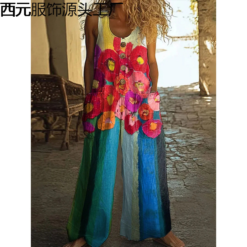Cross-Border Independent Station Amazon Aliexpress 2025 Printed Casual Retro Personalized Printed Jumpsuit