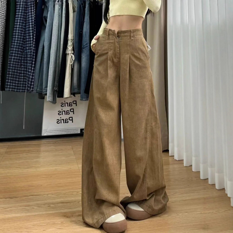 American-Style Trendy Khaki Straight-Leg Jeans for Women, 2026 Spring New High-Waisted Loose Drape Wide-Leg Floor-Length Pants