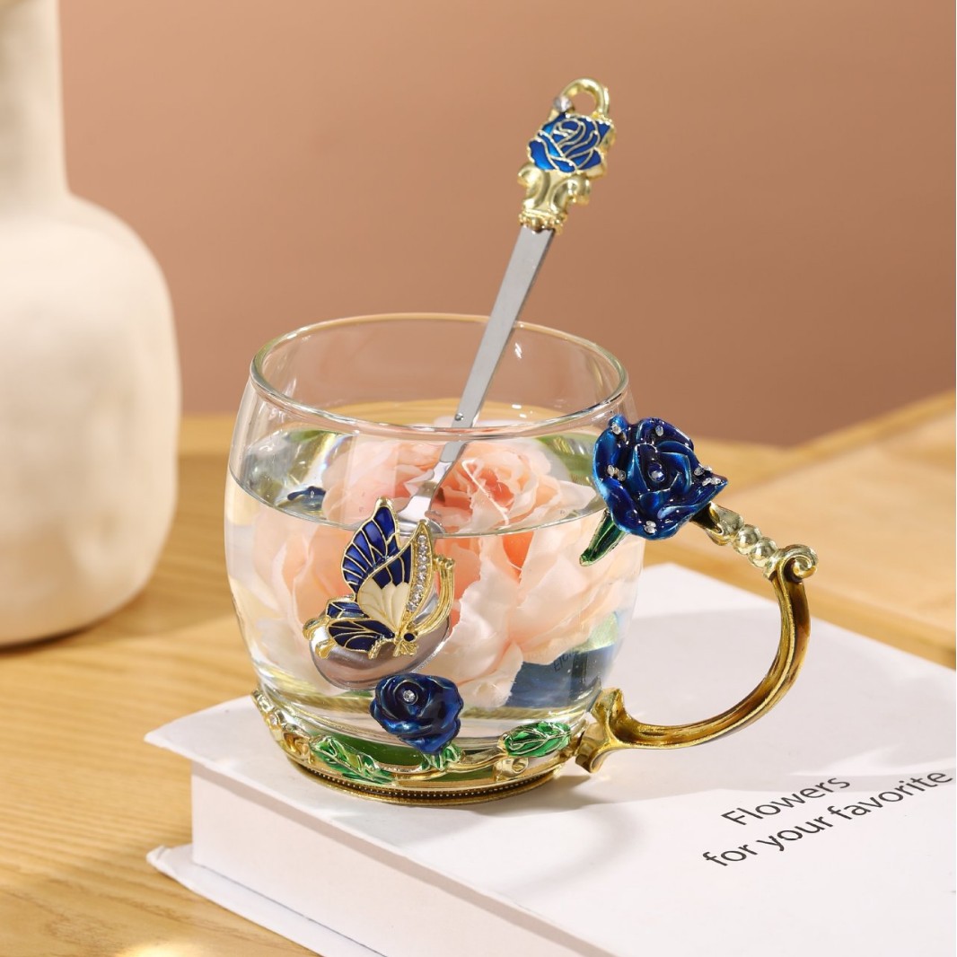 Taza de té con cubierta de flores creativa sala de estar taza de agua de desayuno de lujo taza de leche de esmalte de color taza de café de mujer taza de vidrio casero