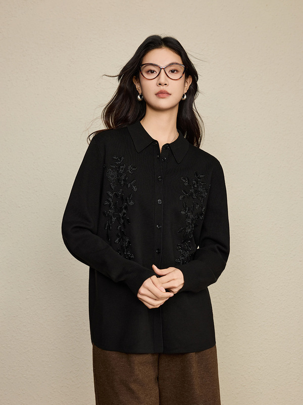 老钱风松驰感轻奢GAO及感绣花钉珠天丝羊毛衬衣针织开衫女秋新款|undefined
