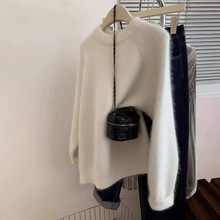 欧货高端100纯羊毛衫女2024年冬粉色插肩宽松慵懒加厚打底毛衣