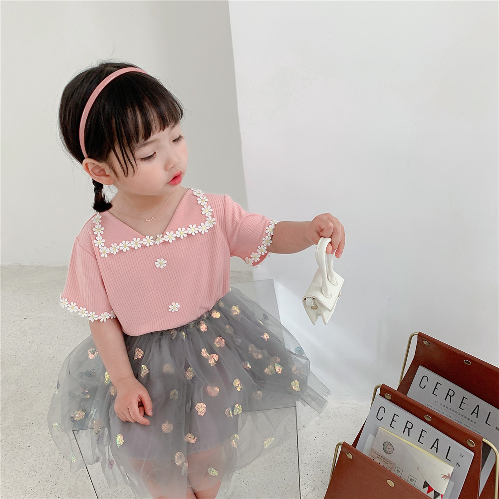 韩国童装批发2021夏款女童花朵上衣短袖宝宝打底衫