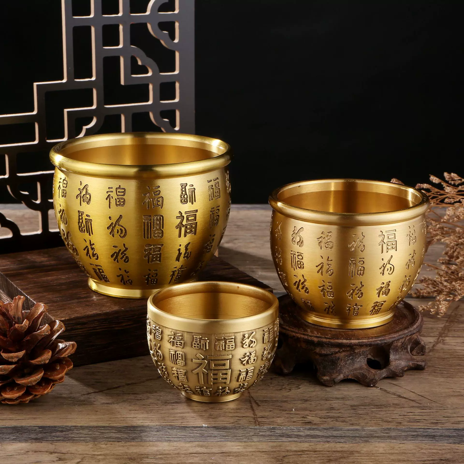 黄铜复古金蝉百福缸聚宝盆家居摆件工艺品精雕聚财米缸供水杯铜器