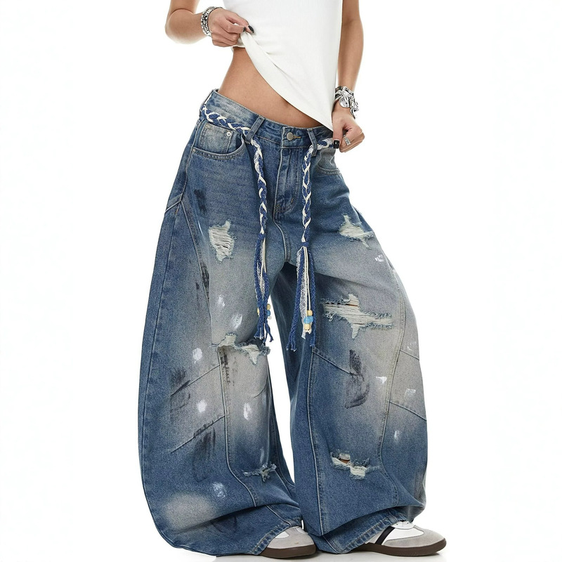 【Free Rope】High Street Hip-Hop Street Style Ripped Jeans for Women, Summer Foreign Trade Cross-Border Loose West Coast Pants 【Free Rope】High Street Hip-Hop Street Style Ripped Jeans for Women, Summer Foreign Trade Cross-Border Loose West Coast Pants