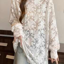 大码女装高领镂空长袖蕾丝衫上衣2024秋冬款高级感叠穿内搭打底衫