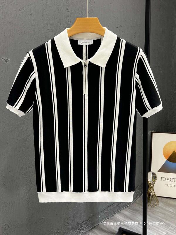 ヨーロッパの高級半袖ストライプコントラストカラーTシャツメンズ夏のファッションスリムニットセーターラペルハンサムトップ1/2枚|undefined