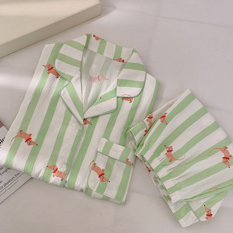 Nube de algodón pijama de mujer nuevo verano verde rayas perros dulces ociosos ropa de casa de estudiantes de tres piezas para vestir