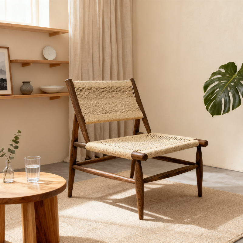 Ash Wood Single Sofa Chair, Solid Wood Wabi-Sabi Style, Vintage Style Living Room Leisure Leather Sofa Chair, High-End Villa