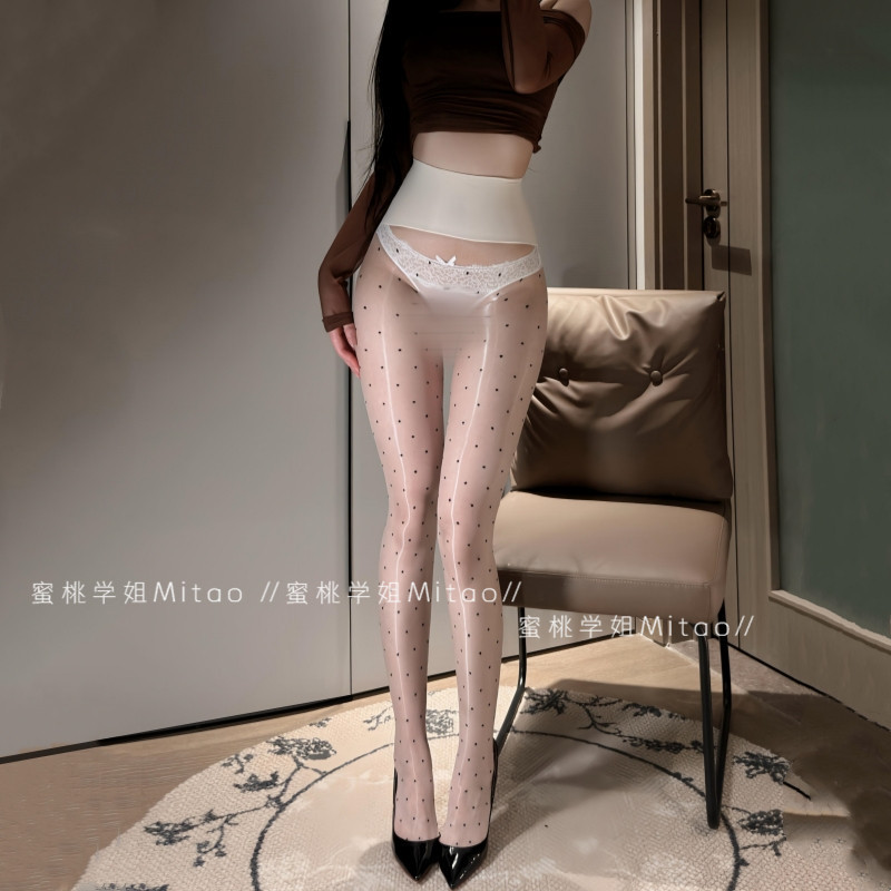 Purely Sexy Aurora Glossy Polka Dot Stockings Seamless Shiny Black and White Ultra-Thin Pantyhose Erotic Restraint Style