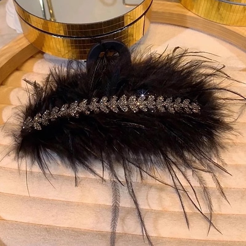 Horquilla de plumas de plumas de pollo de gran tamaño para mujer, clip de agarre de plumas, clip de tiburón de pelo, tocado negro, nuevo estilo 2025