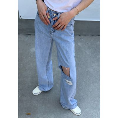 誉一店长推荐ins十三行女装批发2021贴标破洞高腰牛仔裤女夏薄款|ru