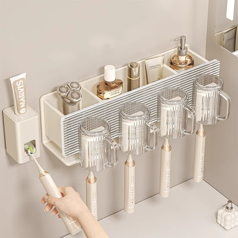 牙刷置物架奶白卫生间免打孔牙杯漱口杯电动牙刷家庭壁挂式收纳架