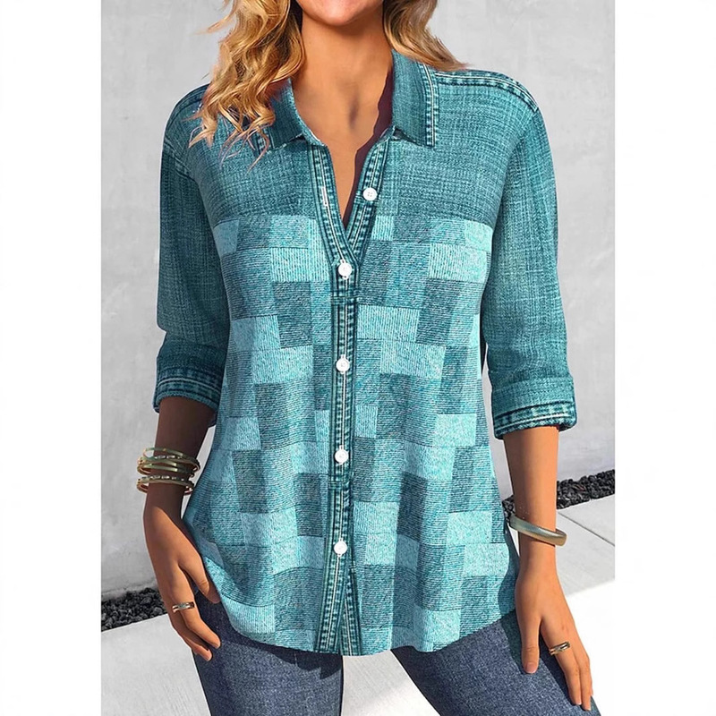 2025 foreign trade hot women's long sleeve button cardigan lapel shirt color matching color ladies-made