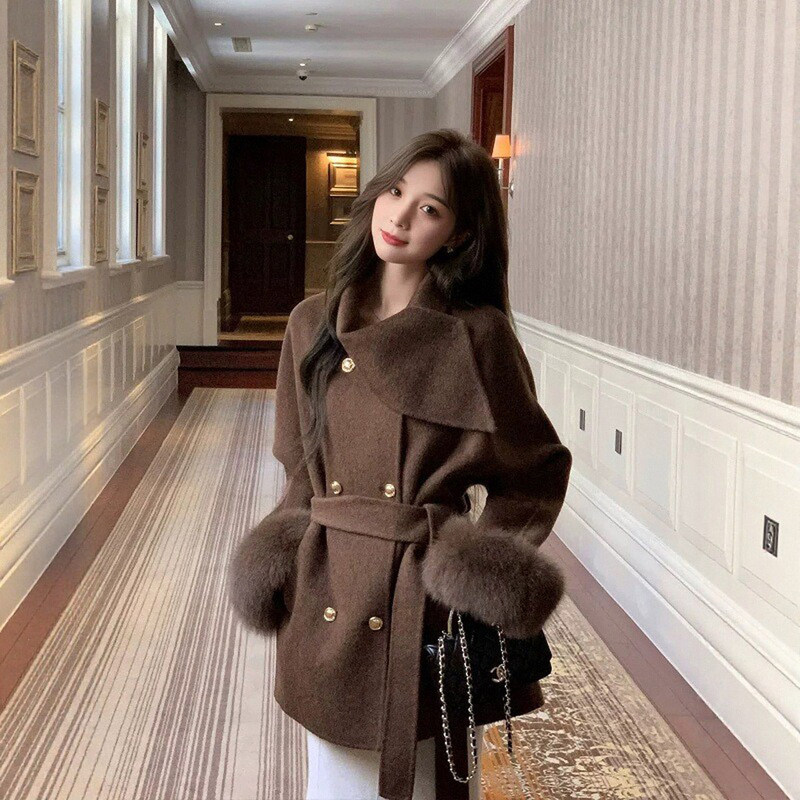 Luxury Fox Fur Double-Sided Cashmere Coat for Women, 2026 Winter New Style, Petite Woolen Coat