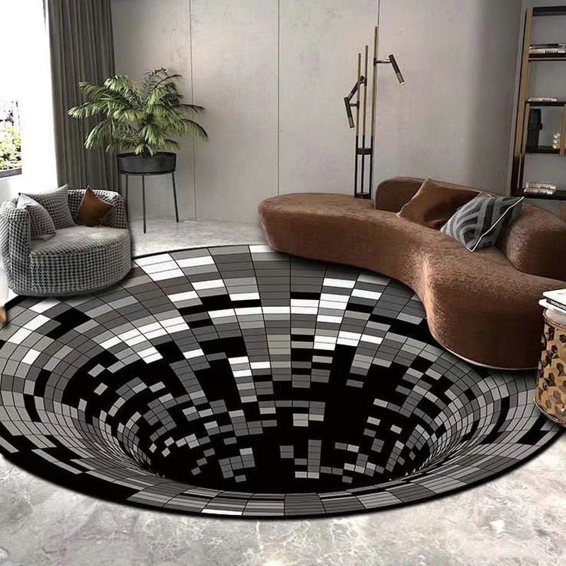 3D visual vértigo ilusión trampa alfombra redonda blanco y negro sala de estar mesa de café de cristal terciopelo casa dormitorio alfombra del piso