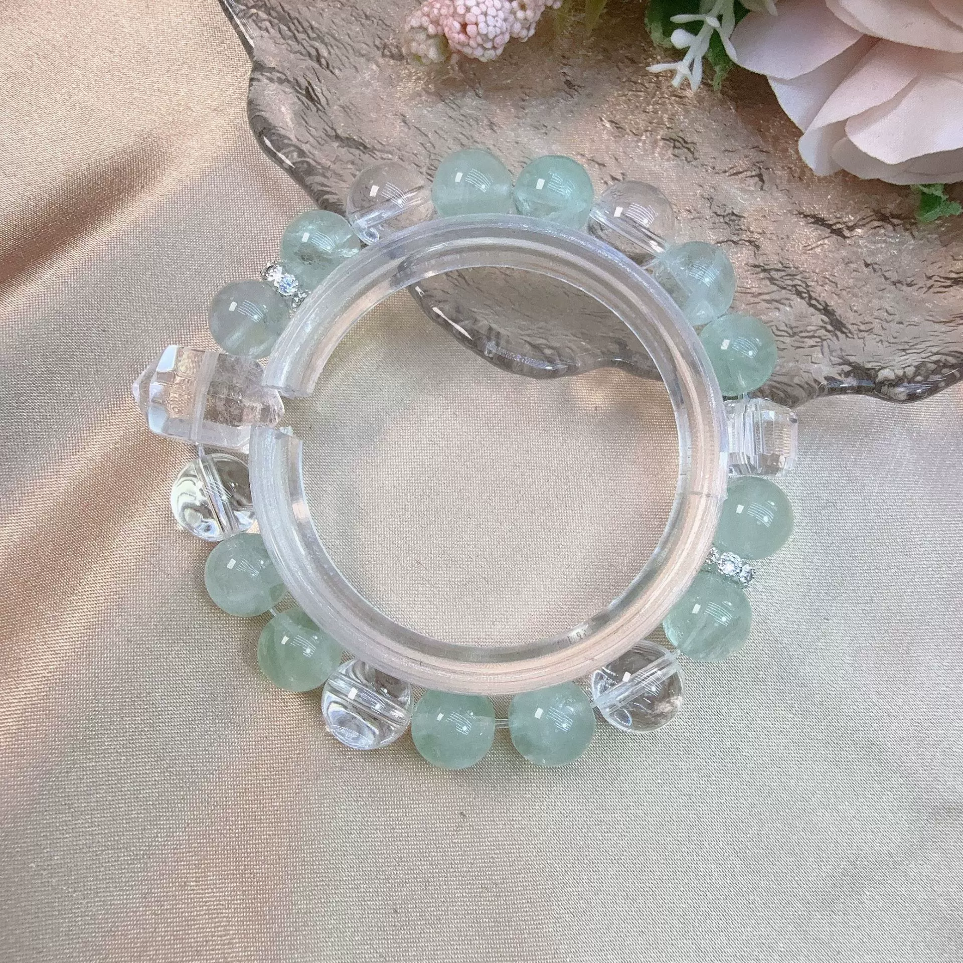 天然绿萤石9mm白水晶9.5mm搭白水晶双尖方糖轻奢时尚手串S0727