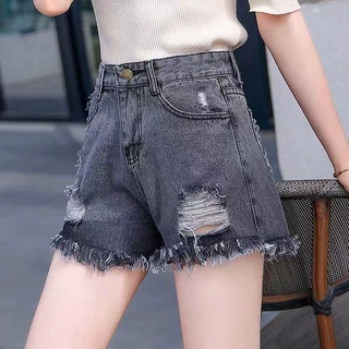 牛仔短裤女夏烟灰色高腰韩版宽松显瘦阔腿大码毛边热裤超短裤女潮
