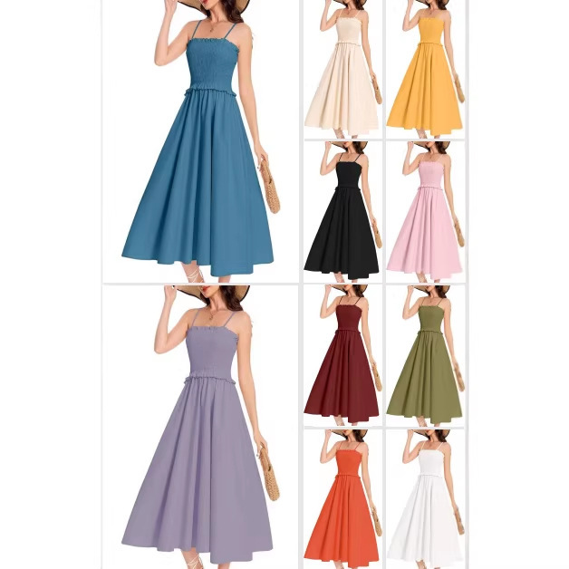 European and American French-Style Waist-Cinching Dress with Suspenders, New Summer Model, Amazon Cross-Border Sleeveless Solid Color Casual Long Dress for Women