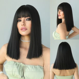 LISA Same Style Wig Summer Long Hair One-size-fits-all Black Mid-length Straight Hair Fashionable Air Bangs Cross-border Wig for Women