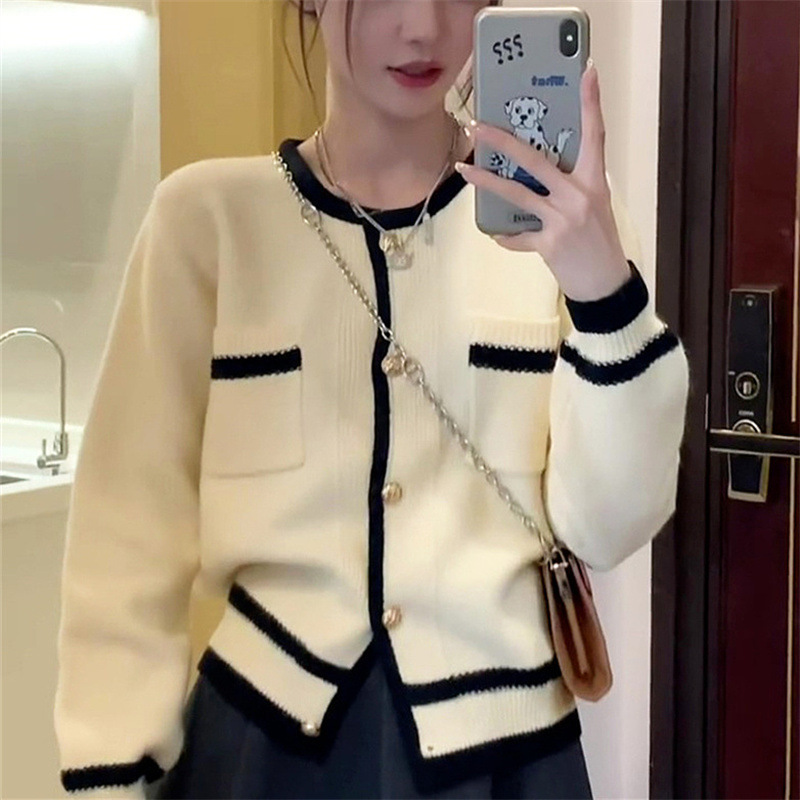 小香风拼色毛衣女外套2025年春秋韩系慵懒风宽松外搭针织开衫上衣|undefined