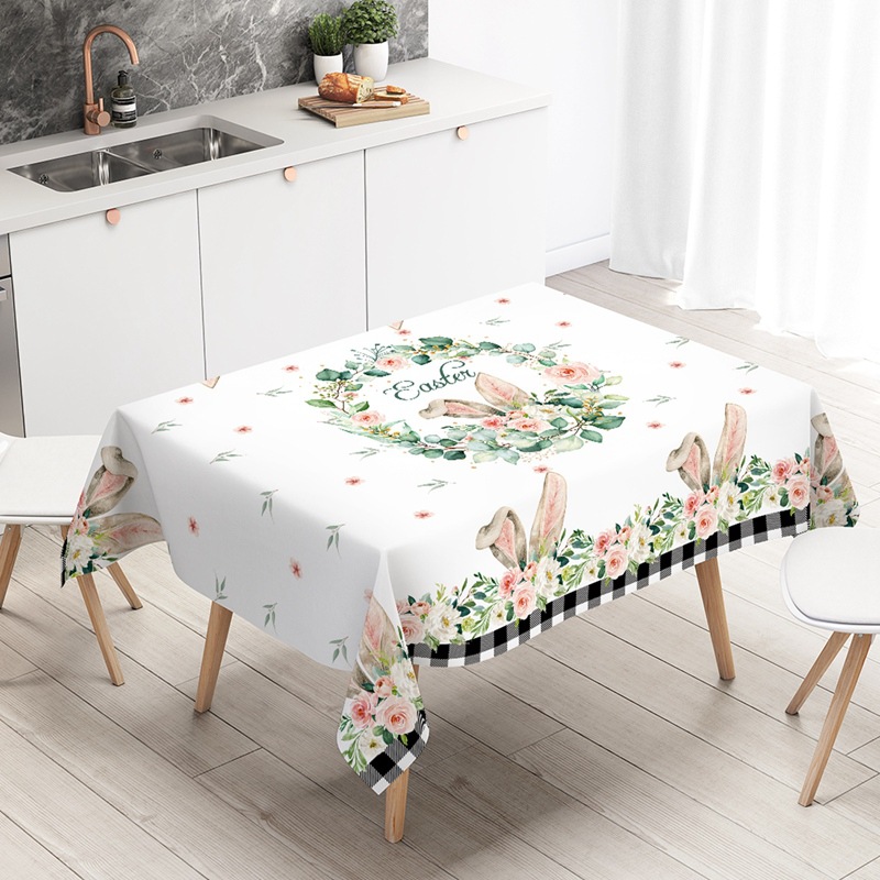 Cross-Border Easter Polyester Tablecloth Holiday Decoration Tablecloth Round Rectangular Tablecloth Rabbit Ears Printed Tablecloth
