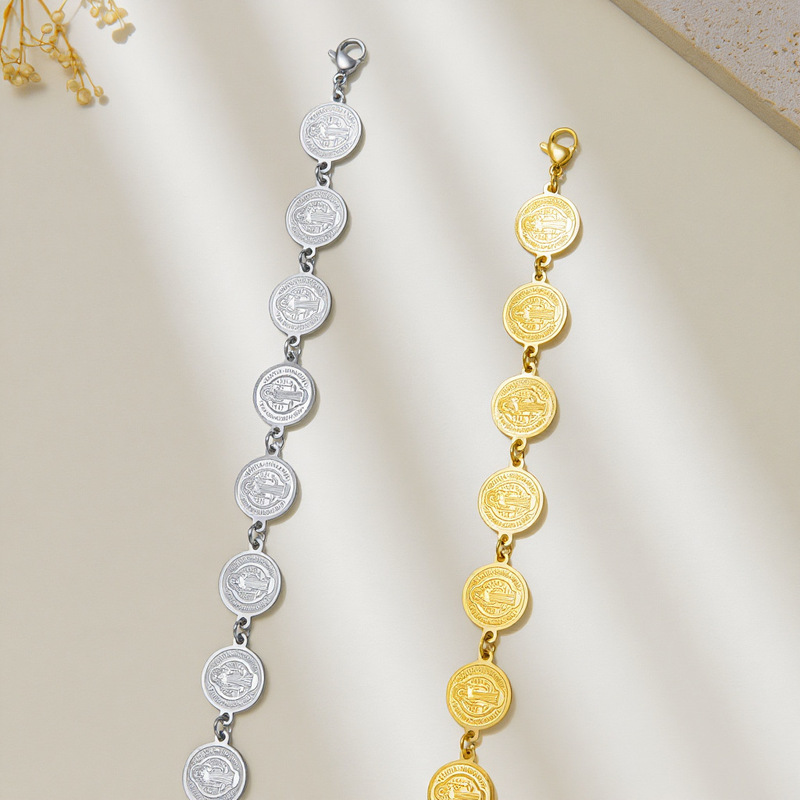 Cross-Border Ebay Circular Steel Bead Gold Coin Priest Stainless Steel Bracelet Titanium Steel Jewelry Niche Design Light Luxury Jewelry