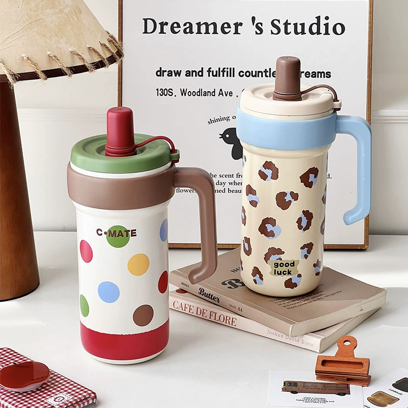 Thermos with glass, capacious high quality tea cup, handheld straw for students