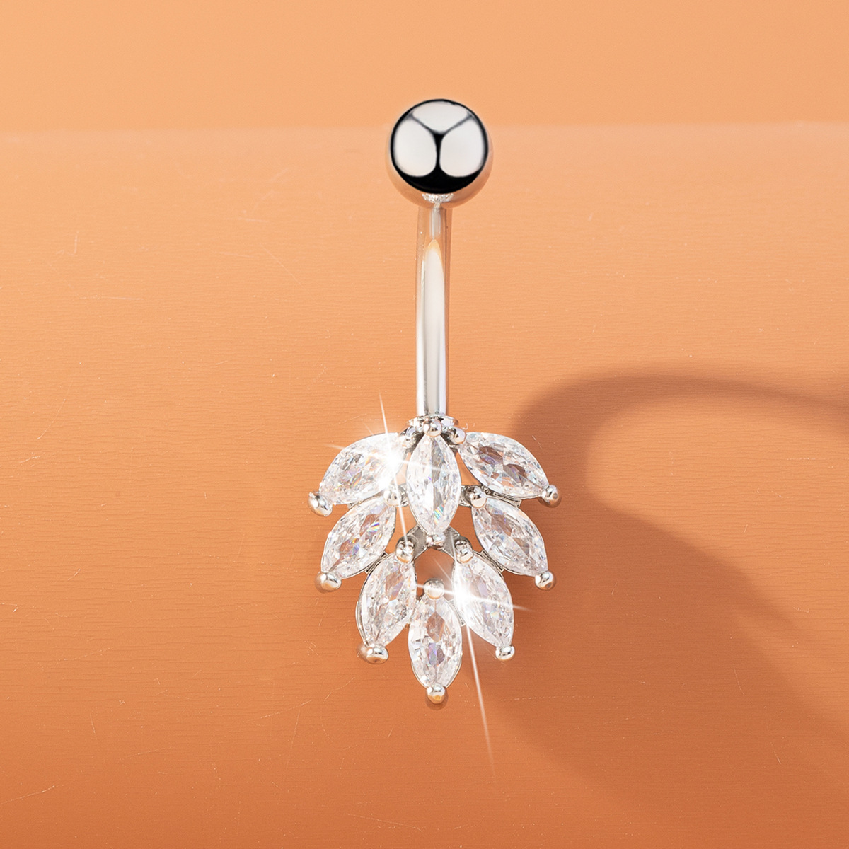 Stainless Steel Navel Ring With Zirconia Leaf Design For Women_voghion.com