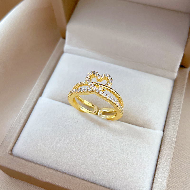 Fashion Heart Shape Brass Plating Inlay Zircon Open Ring 1 Piece