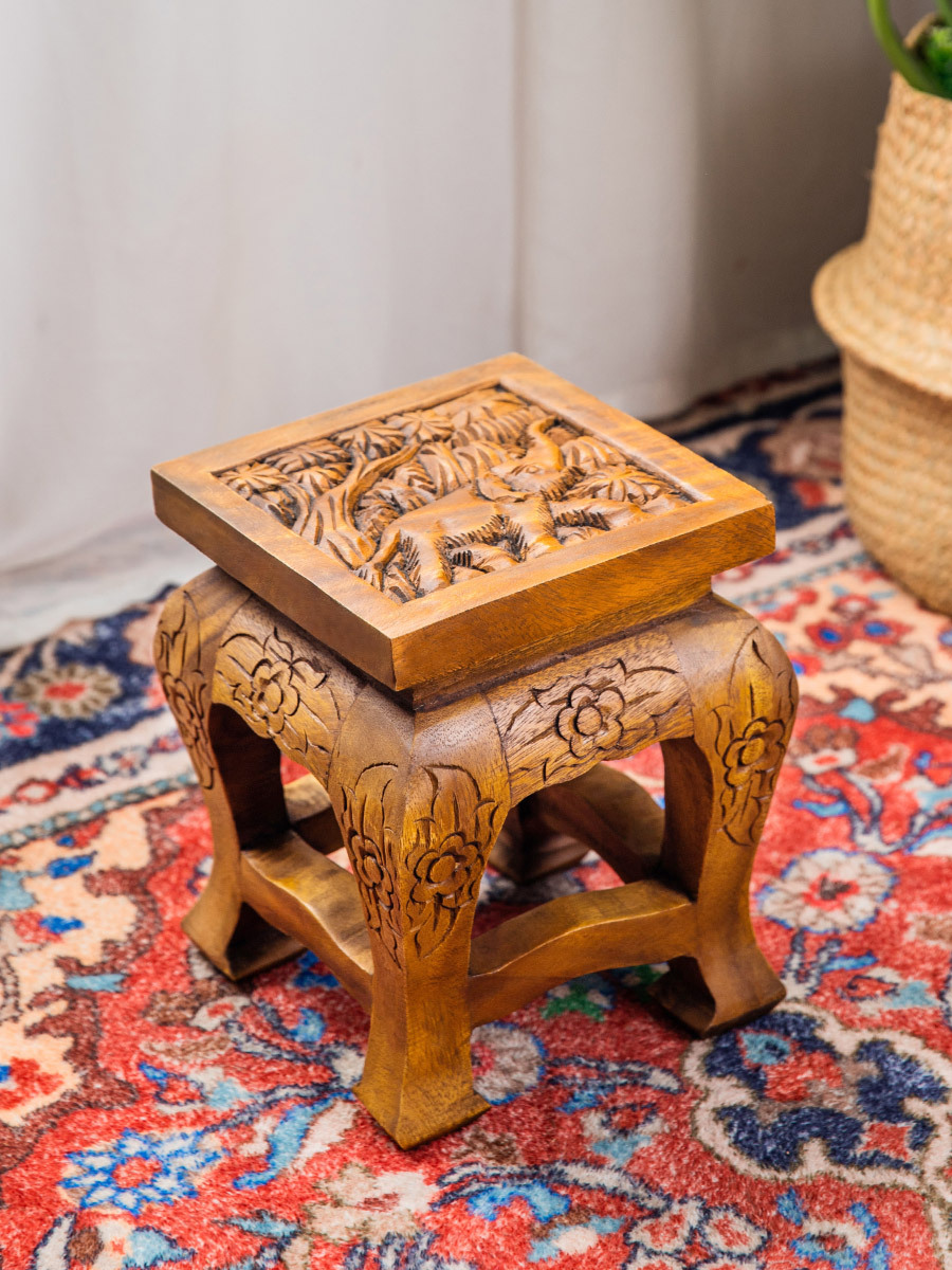 莱骏泰国原实木雕刻凳子换鞋凳艺术造型客厅茶几花架方形矮凳