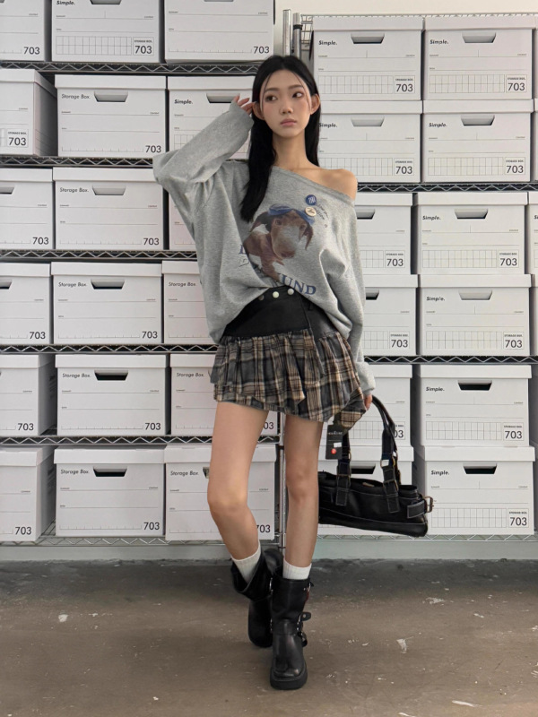 ME KAKAMEE十三行秋美式美拉德格纹拼接不规则短皮裙半身裙 A2828|undefined