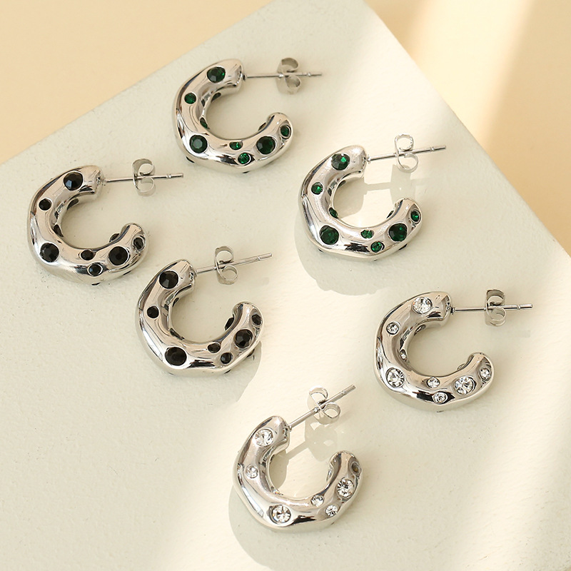 Zircon Inlay Material Hoop Earrings Classification 1 Pair Fashion C Shape Plating Inlay 304 Stainless Steel Zircon 16K Gold Plated White Gold Plated Gold Plated Hoop Earrings