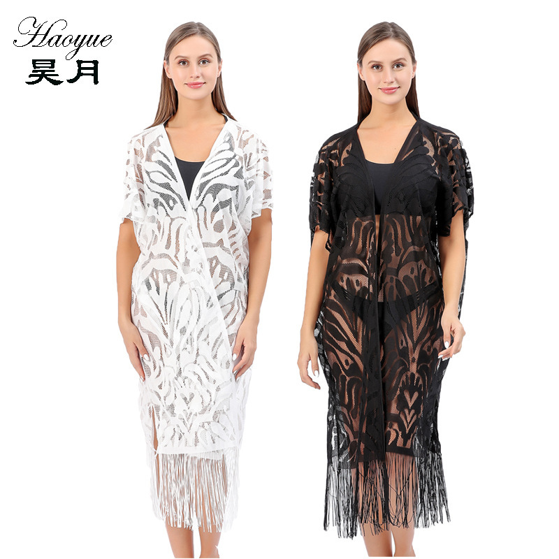Cross-border New Black Lace Tassel Cardigan Beach Bikini Blouse Translucent Shawl Sunscreen Women's Long