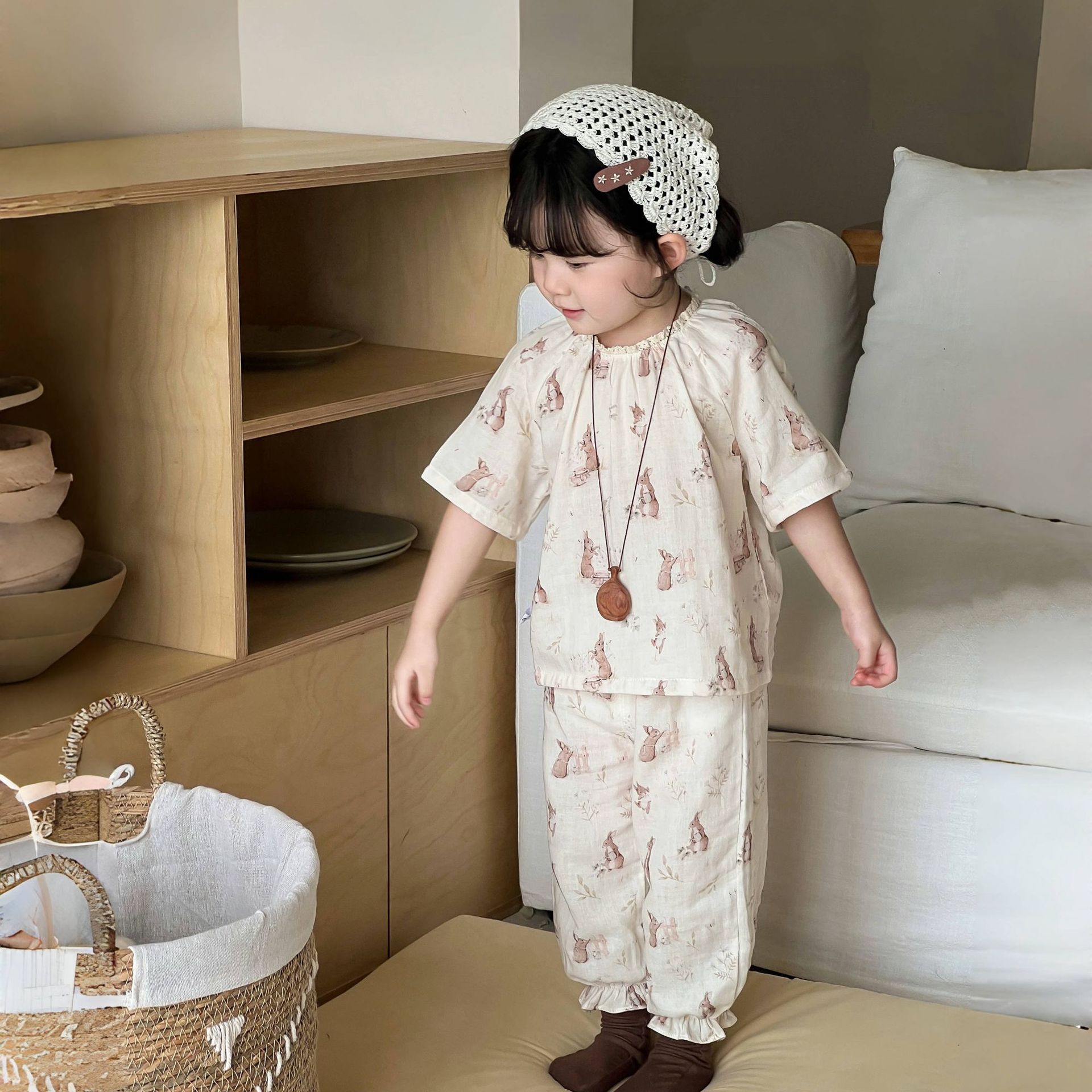 Children's Cotton Pajamas 2025 Summer Small and Medium-sized Children's Girls Lace Cotton Home Clothes Girls' Cotton Yarn Short-sleeved Anti-mosquito Pants