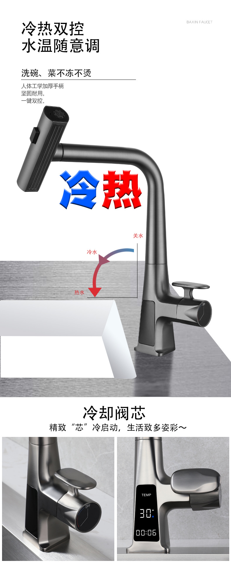 Wholesale from the original manufacturer of digital display Feiyu waterfall household kitchen pull-out faucet gun, grey cold and hot sink undefined