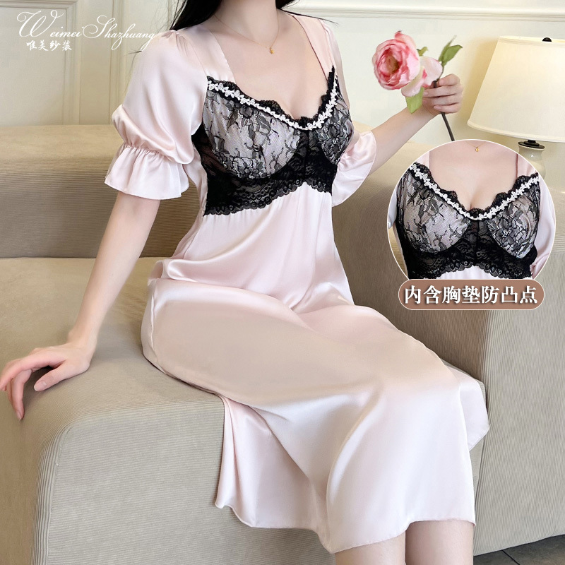 Beautiful Gauze New Style Home Nightgown with Breast Pads for Women French Palace Style Long Skirt Deep V Lace Temptation Sexy Pajamas